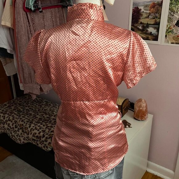 Pink Polka Dot Satin Blouse with Ruffles - Picture 4 of 6